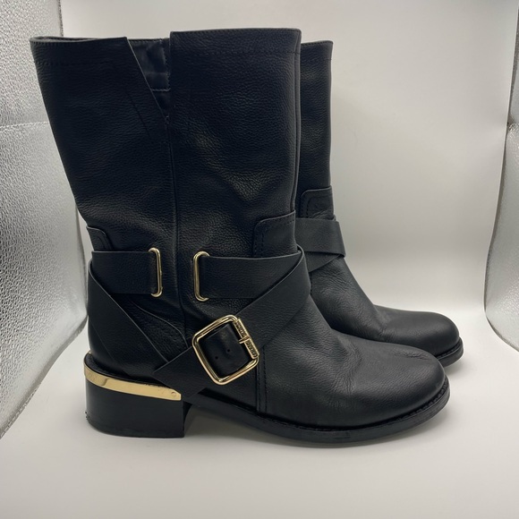 Vince‎ Camuto Wethima size 7.5 black leather boots with gold buckles - Picture 1 of 12